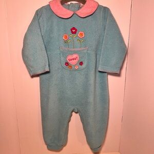 Vintage Y2K Blue and Pink Collared Romper Fleece Flowers with Pocket "sweet"